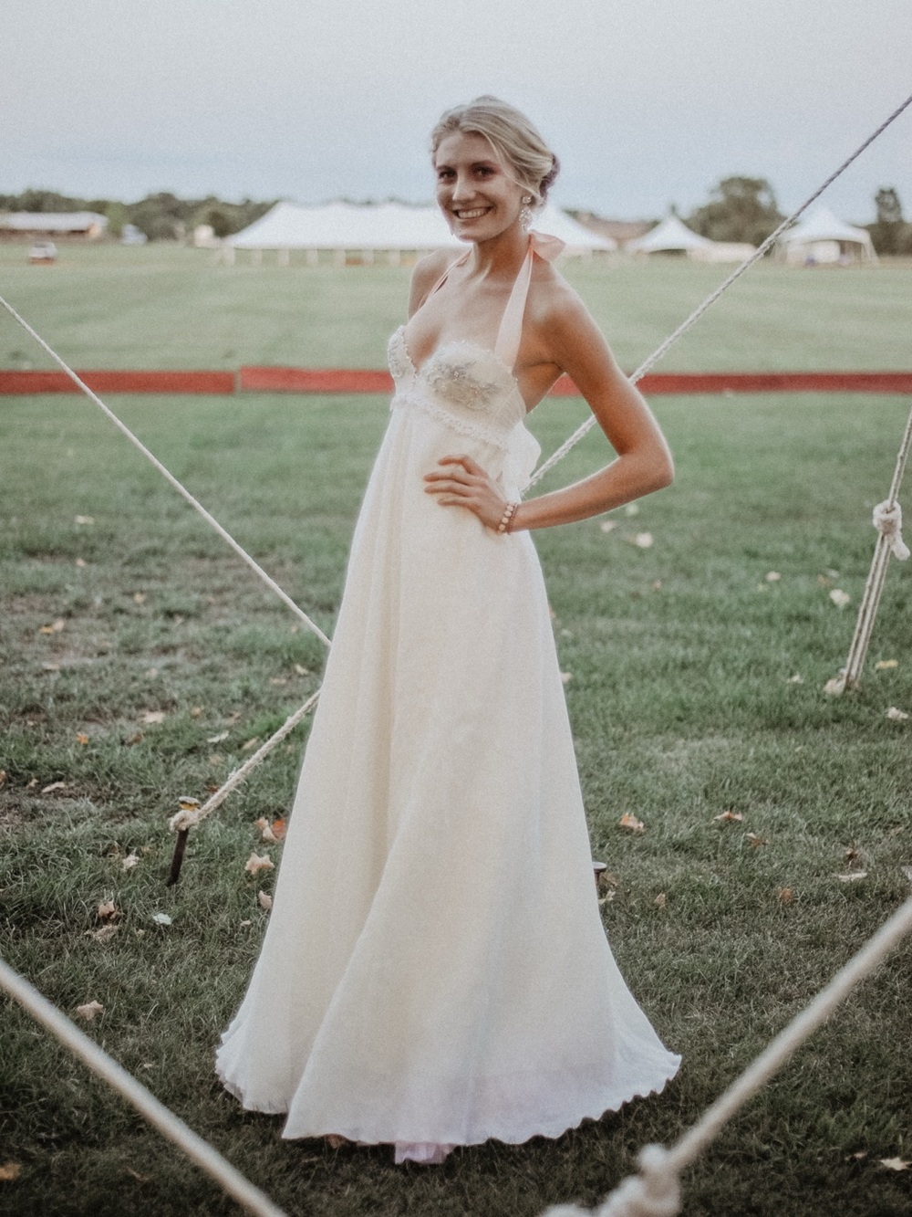 Elegant Cream Beaded Halter Evening Dress